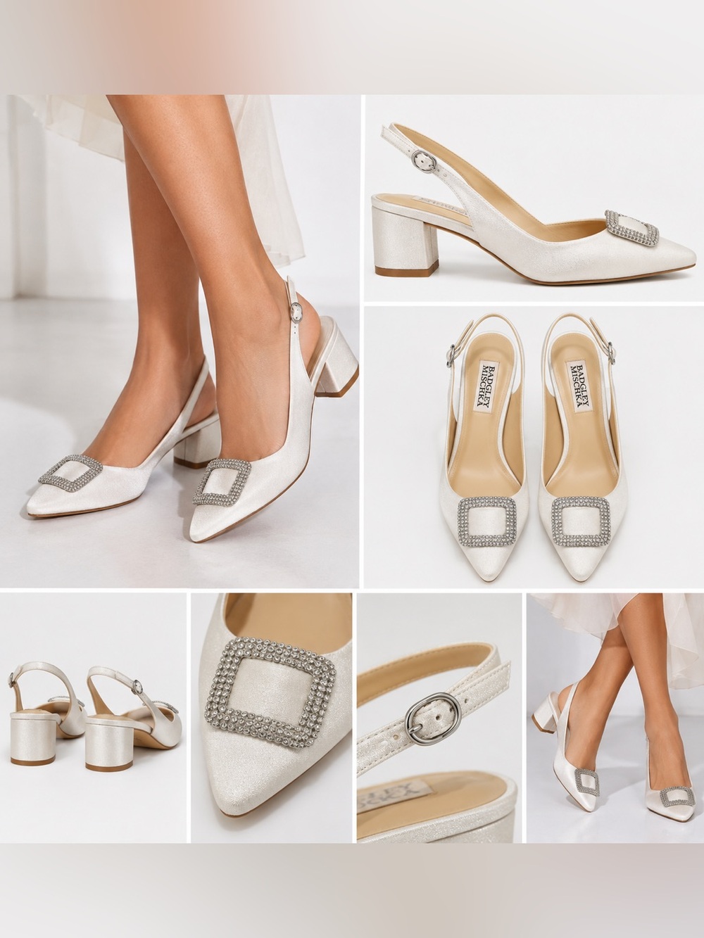 Badgley Mischka Ivory Crystal Buckle Slingback Heels Bridal Shoes Size 6 NWT